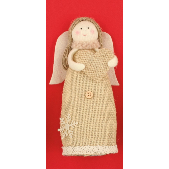 Anděl jutový srdce na postavení 18 cm