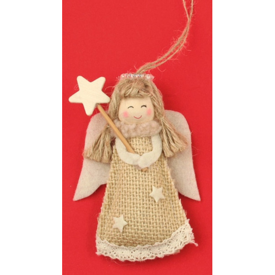 Anděl jutový hvězda na zavěšení 10 cm