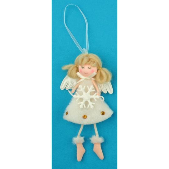 Anděl plyšový smetanový s nožkama vločka na zavěšení 14 cm