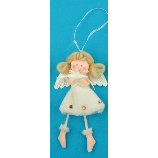 Anděl plyšový smetanový s nožkama hvězda na zavěšení 14 cm