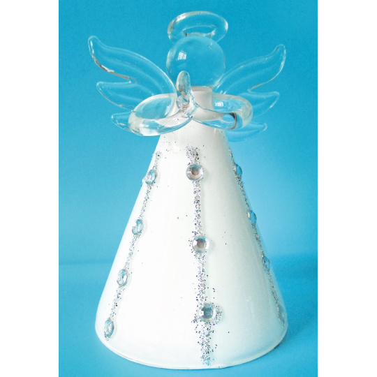 Anděl skleněný bílý na postavení 8 cm