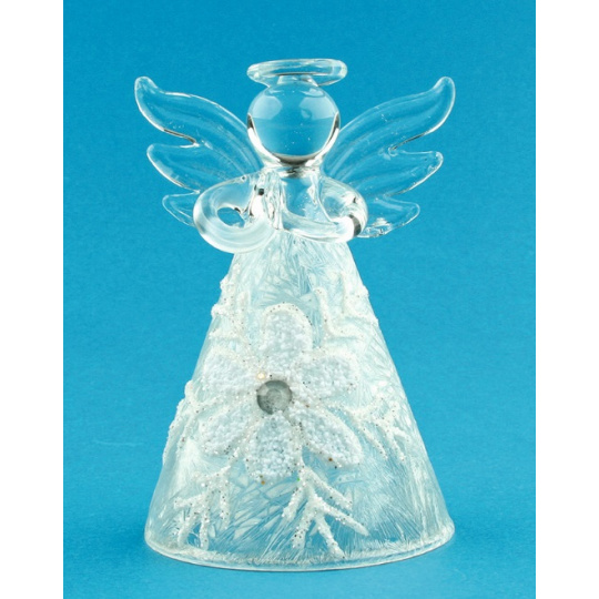 Anděl skleněný s vločkou na postavení 8 cm