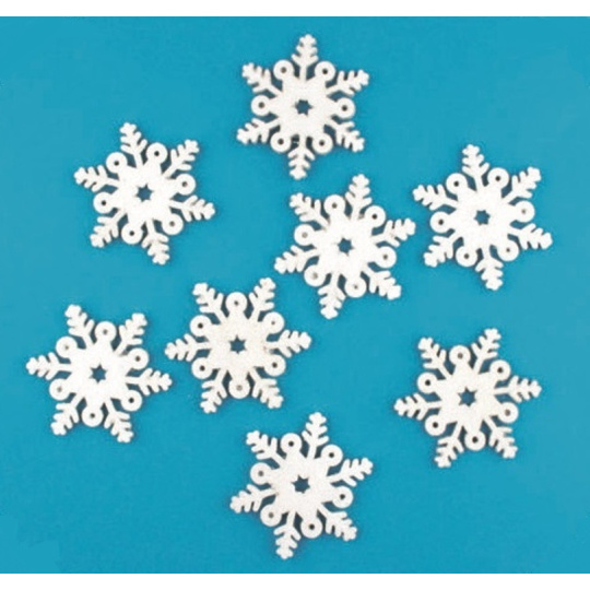 Vločky dřevěné s glitry 6 cm, 8 kusů