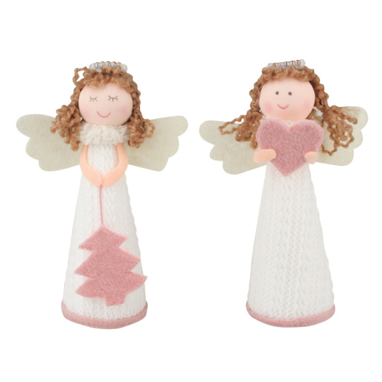 Anděl pletený bílý s růžovými doplňky na postavení 13 cm 1 kus