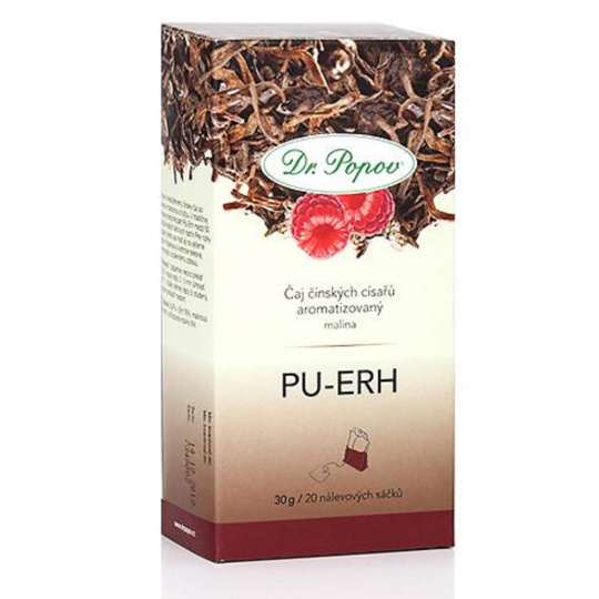 Dr. Popov Pu-Erh malina čaj Přispívá ke kontrole tělesné hmotnosti a duševnímu zdraví 30 g, 20 nálevových sáčků á 1,5 g