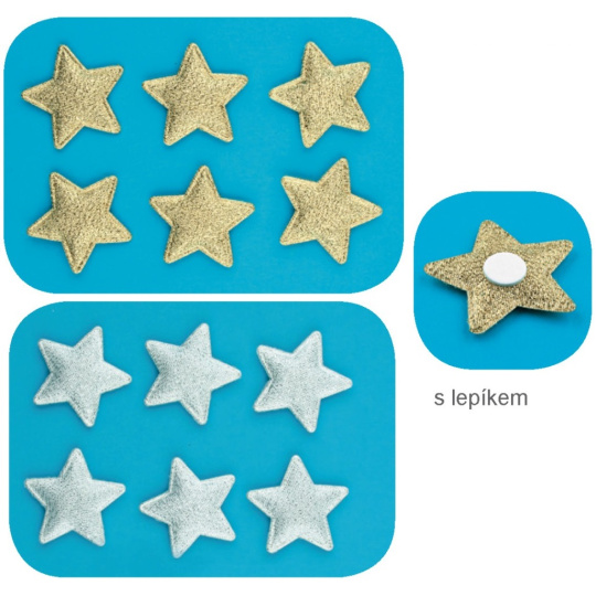 Hvězdičky látkové s lepíkem zlatá nebo stříbrná 4 cm, 6 kusů 1 balení