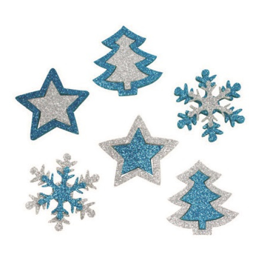Ozdoby glitr stříbrno-modré s lepíkem 5 cm, 6 kusů v sáčku