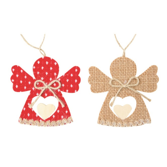 Anděl červený a jutový na zavěšení 9 cm, 2 kusy v sáčku
