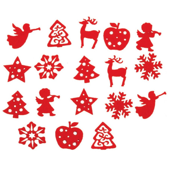 Dekorace z filcu červené mix motivů 3 cm, 18 kusů