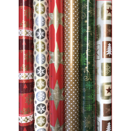 Zoewie Dárkový balicí papír 70 x 500 cm Vánoční béžový se stromky, vločky a hvězdy