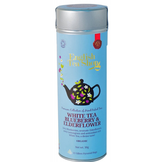 English Tea Shop Bio Bílý čaj Borůvka a Bezový květ 15 kusů bioodbouratelných pyramidek čaje v recyklovatelné plechové dóze 30 g