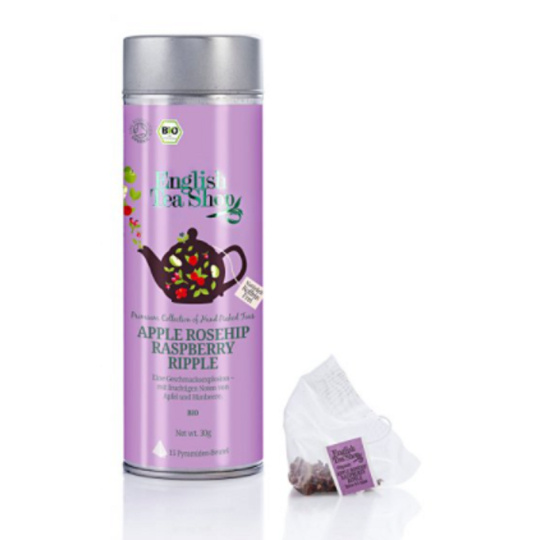 English Tea Shop Bio Šípek a Malina 15 kusů bioodbouratelných pyramidek čaje v recyklovatelné plechové dóze 30 g
