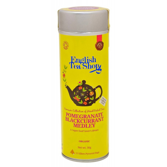 English Tea Shop Bio Rooibos Granátové jablko a Černý rybíz 15 kusů bioodbouratelných pyramidek čaje v recyklovatelné plechové dóze 30 g