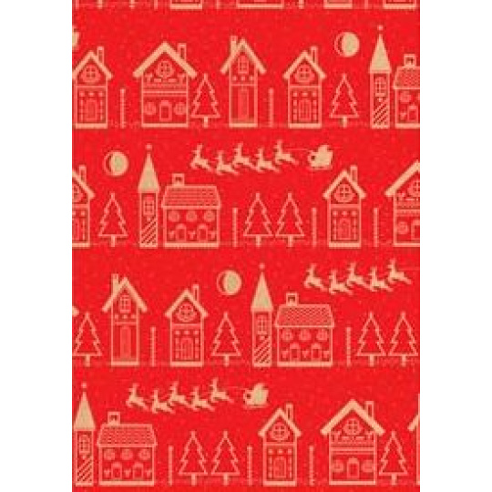 Ditipo Dárkový balicí papír 70 x 200 cm Vánoční KRAFT červený béžové domečky
