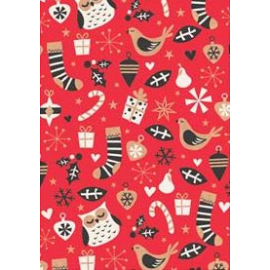 Ditipo Dárkový balicí papír 70 x 200 cm Vánoční KRAFT červený sovy ponožky dárky