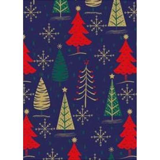 Ditipo Dárkový balicí papír 70 x 200 cm Vánoční modrý zlaté, zelené a červené stromky