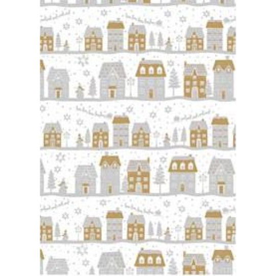 Ditipo Dárkový balicí papír 70 x 200 cm Vánoční bílý stříbrno-zlaté domky