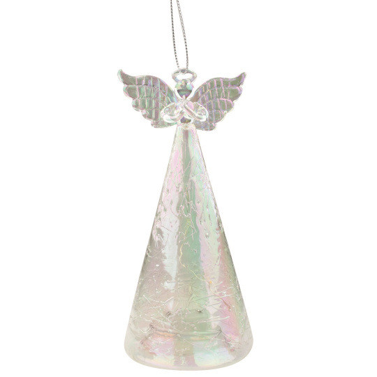 Anděl skleněný svítící LED 15 cm na postavení