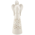 Anděl porcelánový s LED osvětlením bílý s vločkami 26 cm na postavení