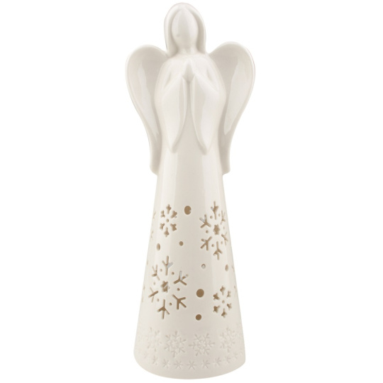 Anděl porcelánový s LED osvětlením bílý s vločkami 26 cm na postavení