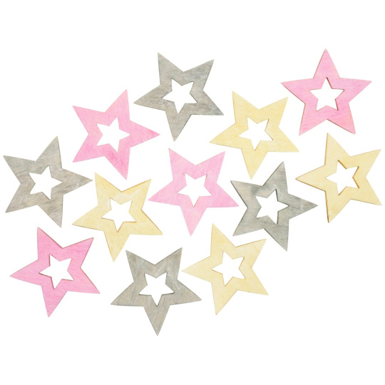 Hvězda dřevěná růžovo-žluto-šedá 4 cm 12 kusů