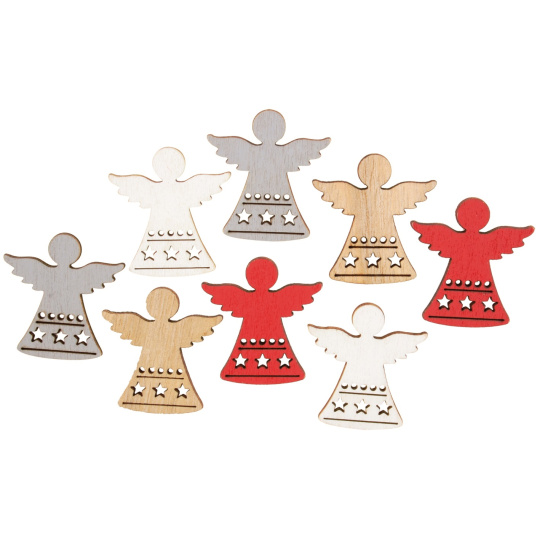 Anděl dřevěný červeno-stříbrno-bílo-hnědý 3,5 cm 8 kusů