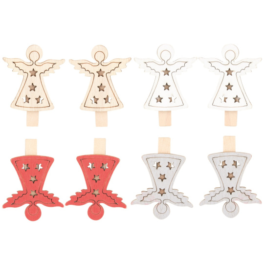 Anděl dřevěný na kolíčku červeno-stříbrno-bílo-béžový 4,5 cm 8 kusů