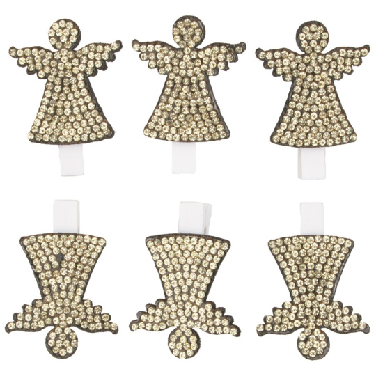 Anděl dřevěný na kolíčku se zlatými kamínky 3,5 cm 6 kusů