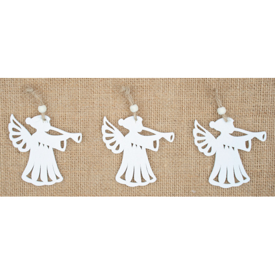 Anděl dřevěný závěsný bílý 7 cm 3 kusy