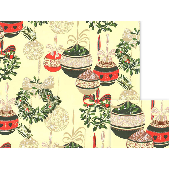 Nekupto Dárkový balicí papír 70 x 500 cm Vánoční Světle žlutý zelené, zlaté, červené baňky