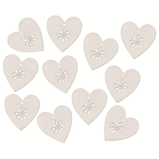 Srdce dřevěné s lepíkem bílé 3 cm, 12 kusů