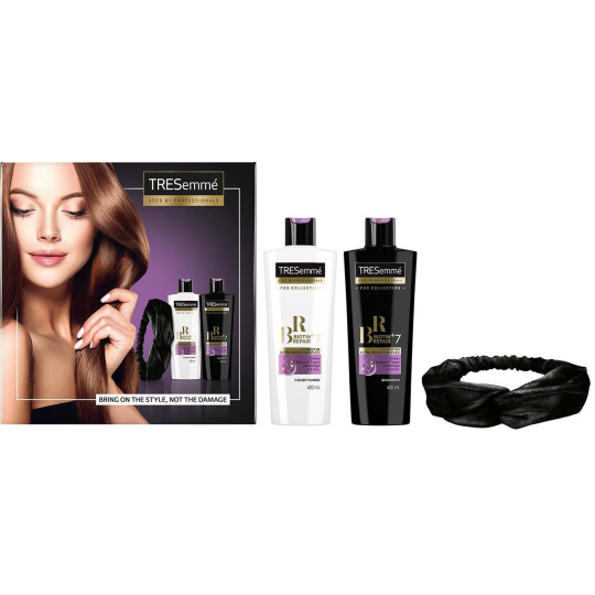 TRESemmé Biotin+ Repair7 šampon pro ochranu a obnovu vlasů 400 ml + kondicionér pro ochranu a obnovu vlasů 400 ml + čelenka, kosmetická sada TRESemmé Biotin+ Repair7 šampon pro ochranu a obnovu vlasů 400 ml + kondicionér pro ochranu a obnovu vlasů 400 ml + čelenka, kosmetická sada