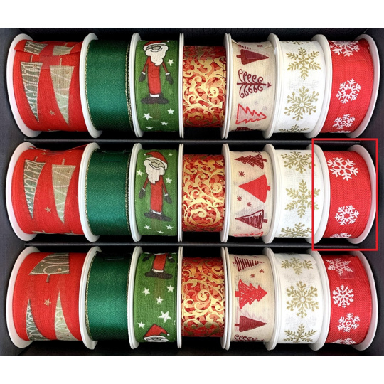 Nekupto Stuha látková vánoční Červená bílé vločky 25 mm x 2,5 m