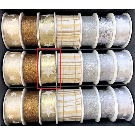 Nekupto Stuha látková vánoční Zlatá bílé hvězdičky 25 mm x 2,5 m