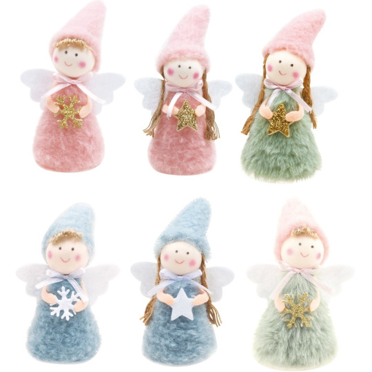 Anděl Plyšový v kabátku s dlouhou čepicí 12 cm na postavení 1 kus