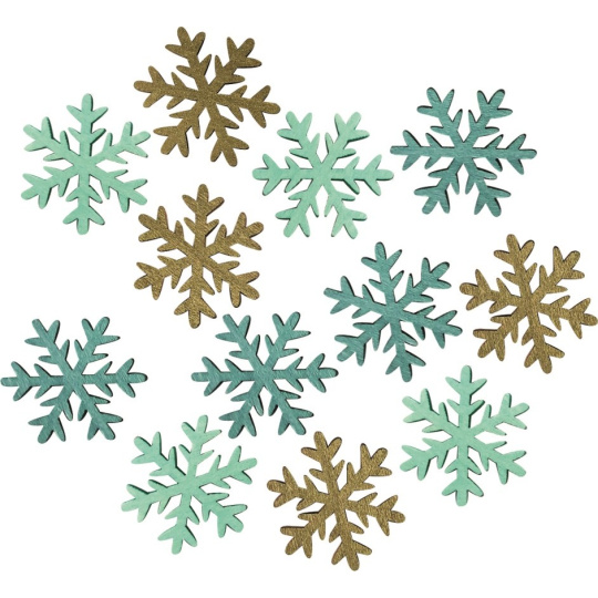 Vločky dřevěné zelené, tyrkysové, hnědé 4 cm 12 kusů