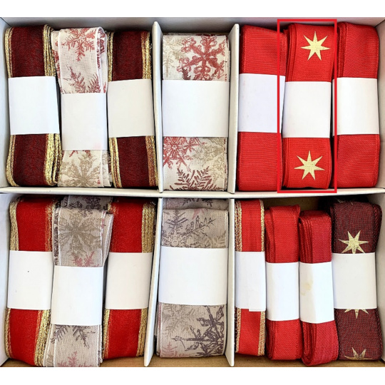 Ditipo Stuha látková s drátkem Červená se zlatými hvězdičkami 3 m x 25 mm