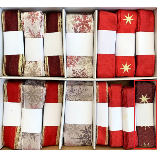 Ditipo Stuha látková s drátkem Vínová se zlatými hvězdičkami 3 m x 25 mm