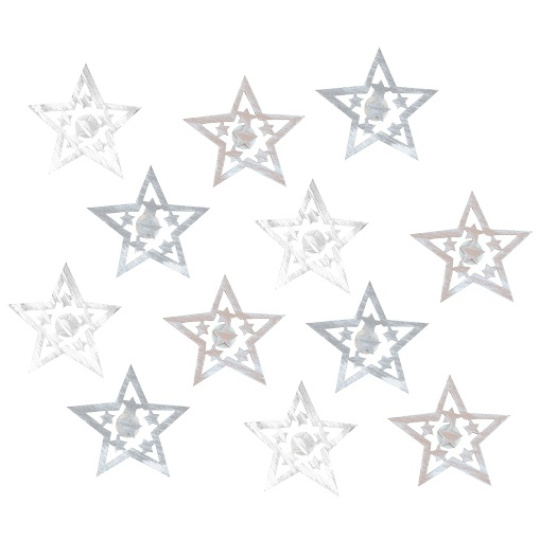 Hvězda dřevěná s lepíkem Přírodní, šedá, bílá 4 cm 12 kusů
