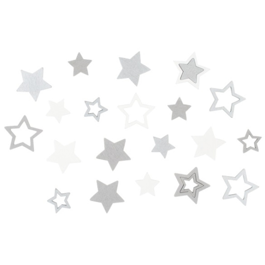 Hvězda dřevěná šedá a bílá 2,5 cm 12 kusů + 3,5 cm 12 kusů