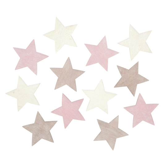 Hvězdy dřevěné růžové, hnědé a bílé 4 cm 12 kusů