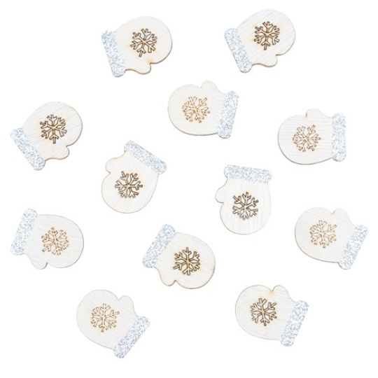 Rukavice dřevěná s glitrem a lepíkem Přírodní 3 cm 12 kusů