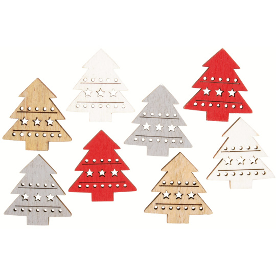Stromek dřevěný přírodní, šedá, bílá, červená 3,5 cm 8 kusů