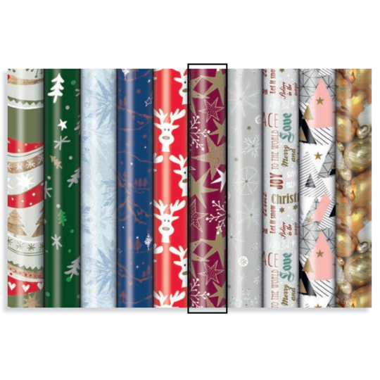 Zoewie Dárkový balicí papír 70 x 200 cm Vánoční tmavě červený - bílé vločky, zlaté hvězdy