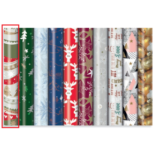 Zoewie Dárkový balicí papír 70 x 200 cm Vánoční šedočervenozelený - dřevěné stromky, srdce, hvězdičky