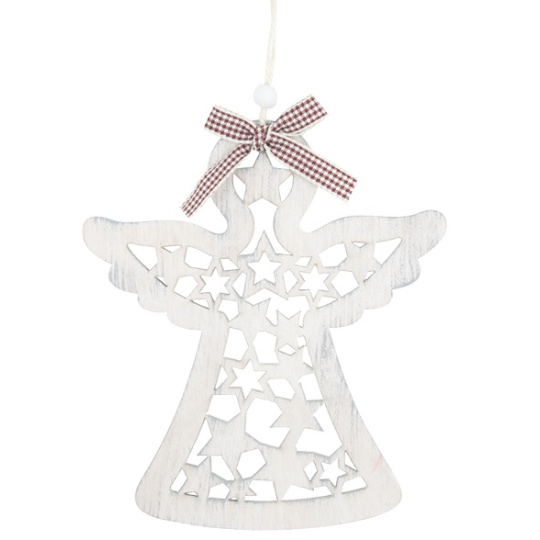 Anděl dřevěný na zavěšení světle šedý 10 x 11,5 cm