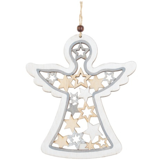Anděl dřevěný se stříbrným glitrem Bílý 15 x 17 cm