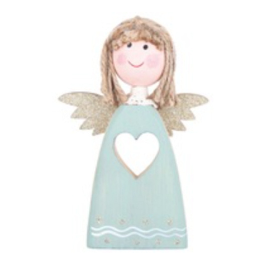 Anděl dřevěný na postavení zelený 9 x 14 cm