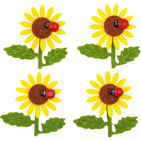 Slunečnice z filcu s beruškou 5,5 cm 4 kusy