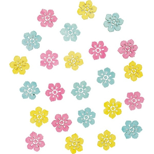 Květy dřevěné tyrkysovo-růžovo-žluté 2 cm 24 kusů